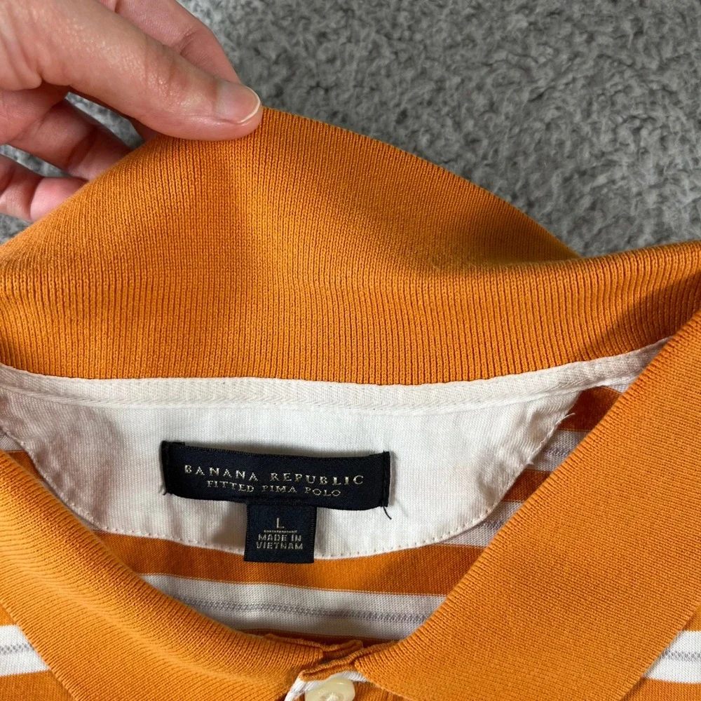 Banana Republic Mens Fitted Pima Polo Shirt Large Orange White Striped Cotton